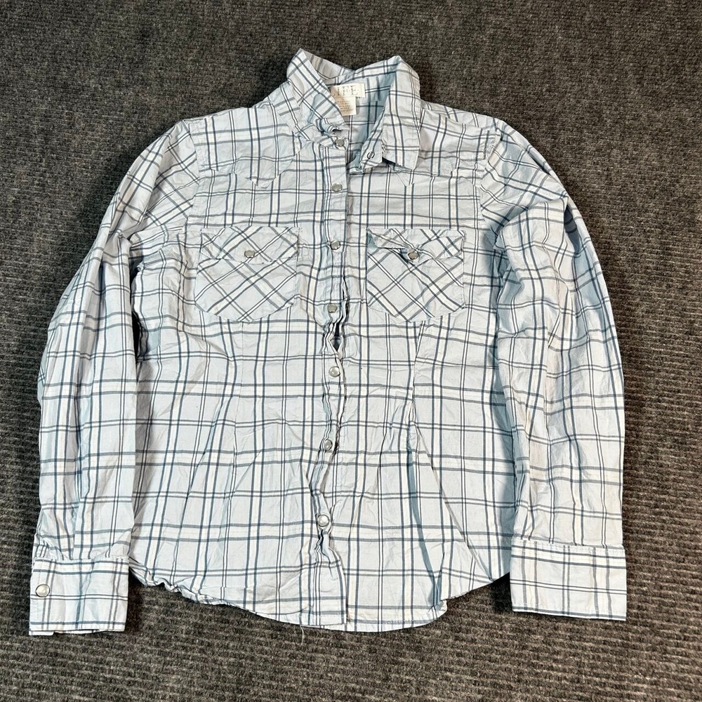 LIFE Western Snap Shirt Womens L Blue Plaid Excellent Pearl Snap Stretch Cotton